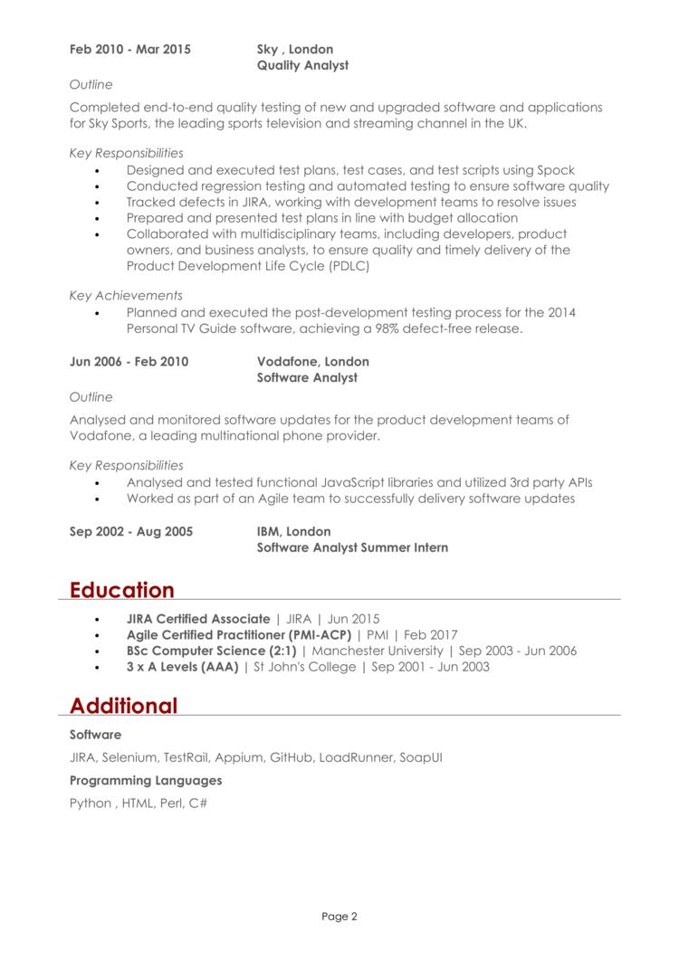 Quality Analyst CV 2