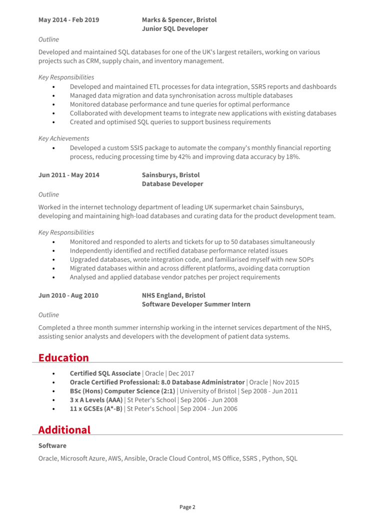 SQL Developer CV 2