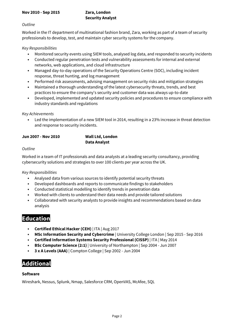 Security Analyst CV 2