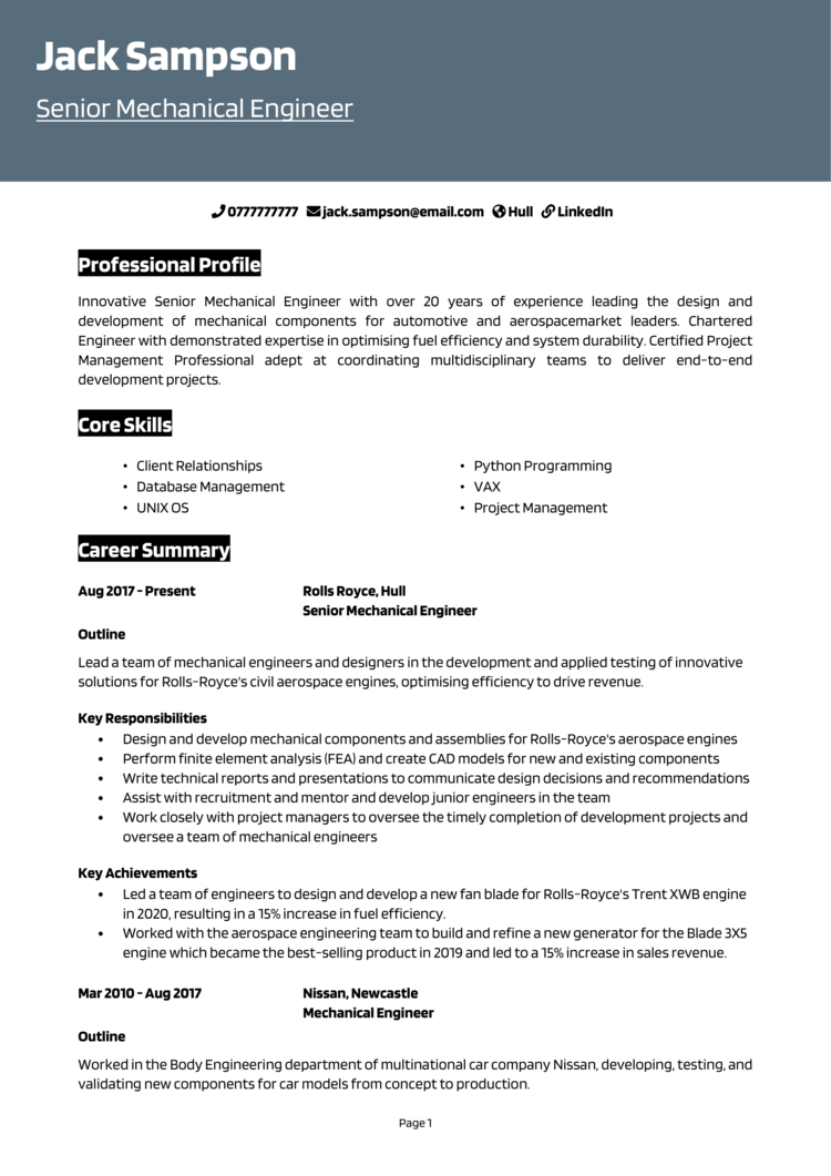 Senior Mechanical Engineer CV 1