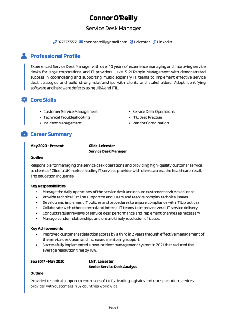 Service Desk Manager CV 1