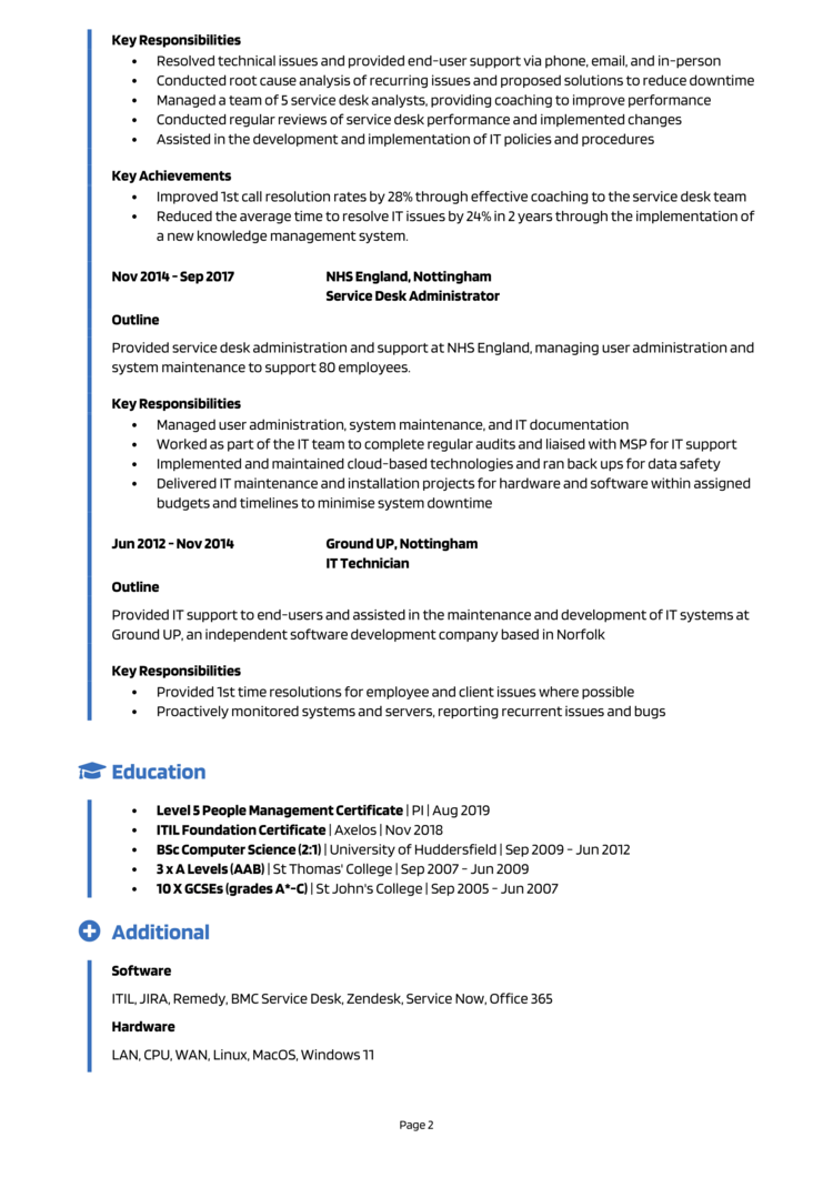 Service Desk Manager CV 2