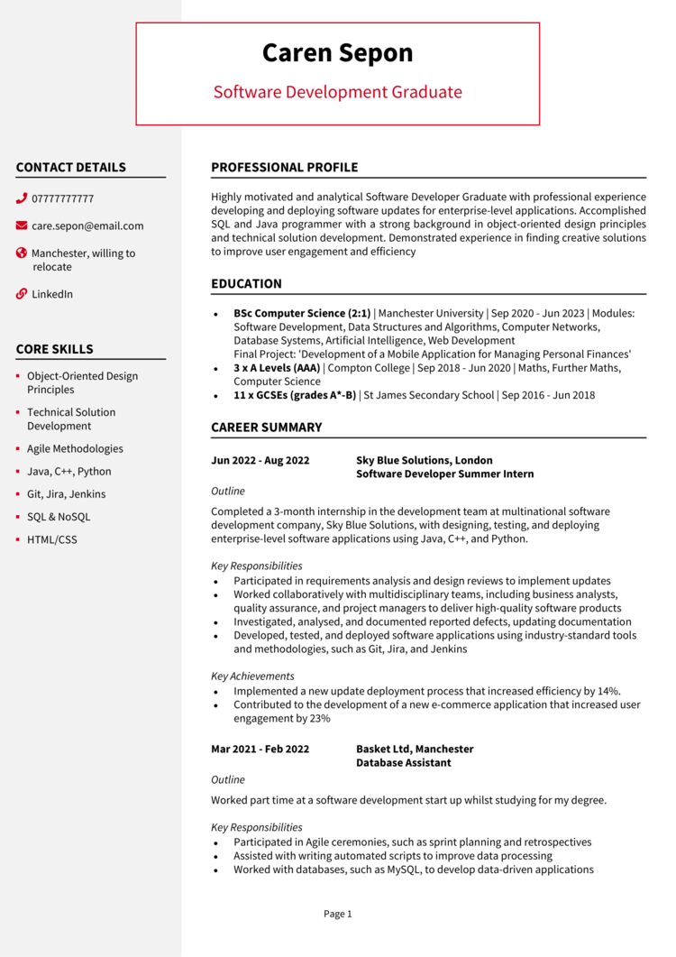 Software Developer Graduate CV 1