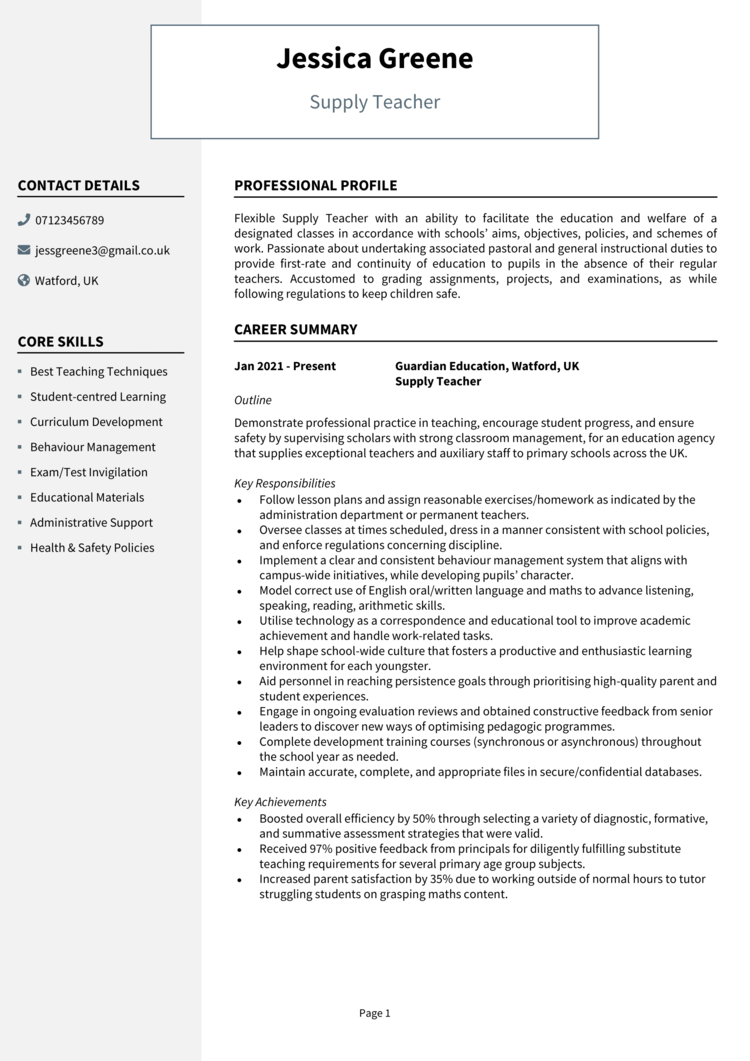 Supply Teacher CV 1