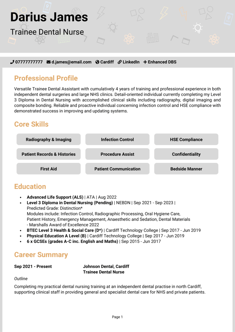 Trainee Dental Nurse CV Example Guide Get Hired Fast   Trainee Dental Nurse CV 1 