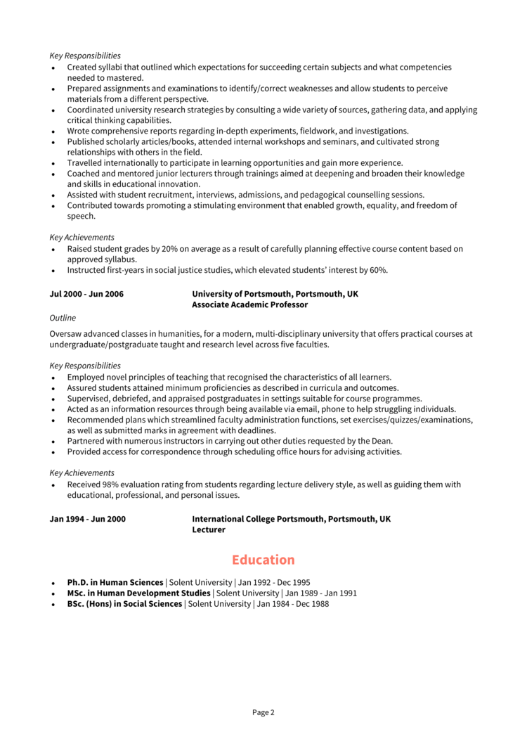 Academic Professor CV Example Guide Get Noticed   Academic Professor CV 2 