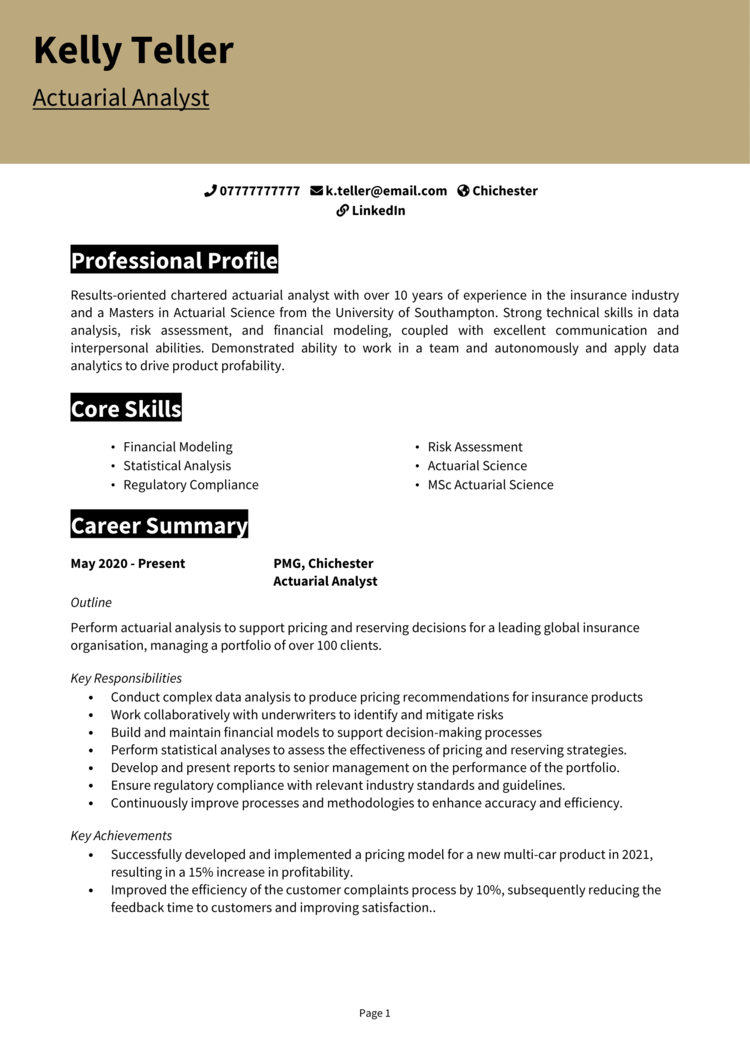 2 Actuary CV example + guide and CV template