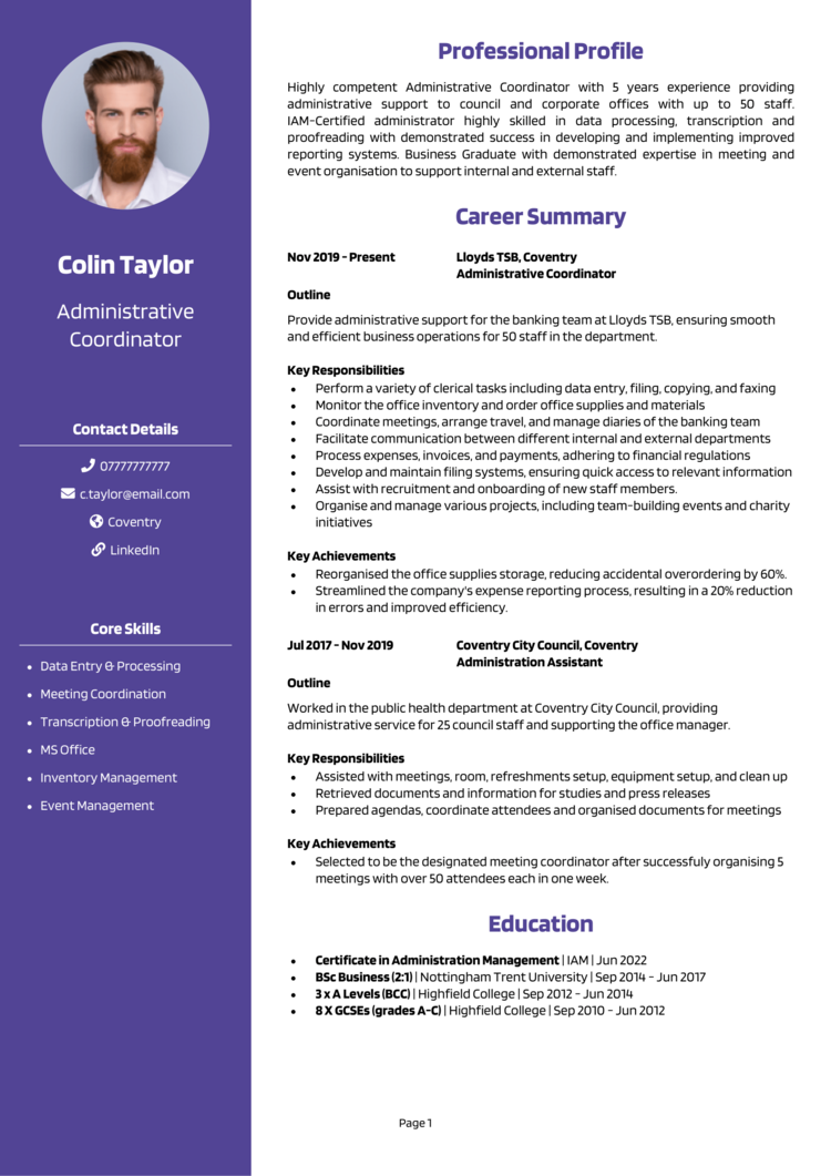 Administrative Coordinator CV Example Guide Win Jobs   Administrative Coordinator CV 1 