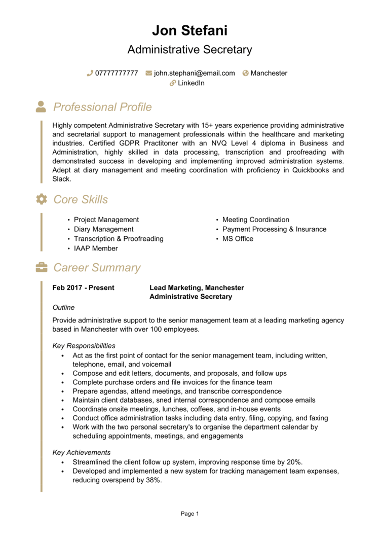 Administrative Secretary Cv Example Guide [land Top Jobs]