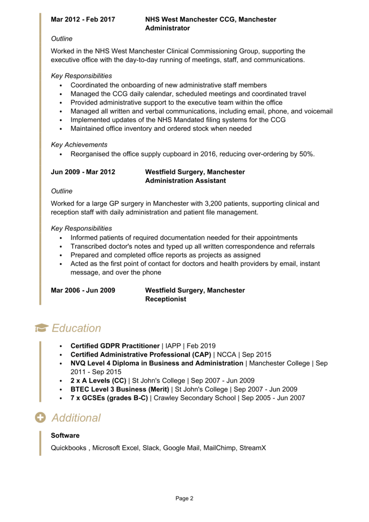 Administrative Secretary CV 2