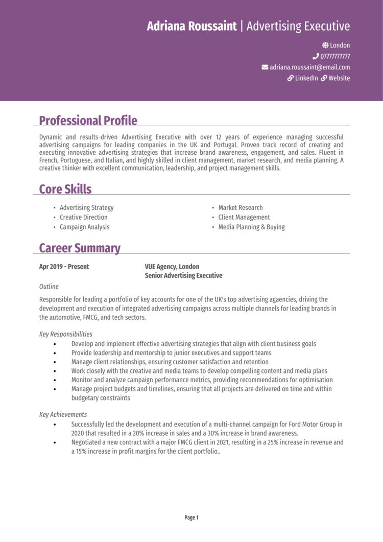 Advertising CV 1