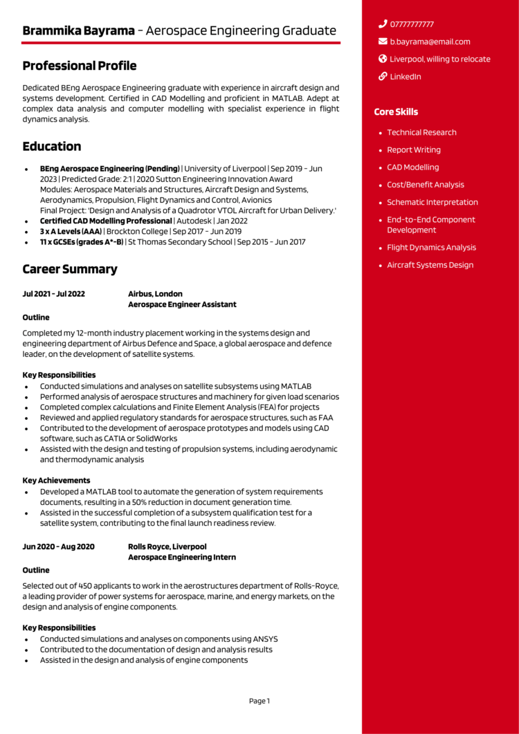 Aerospace Engineering Graduate CV 1