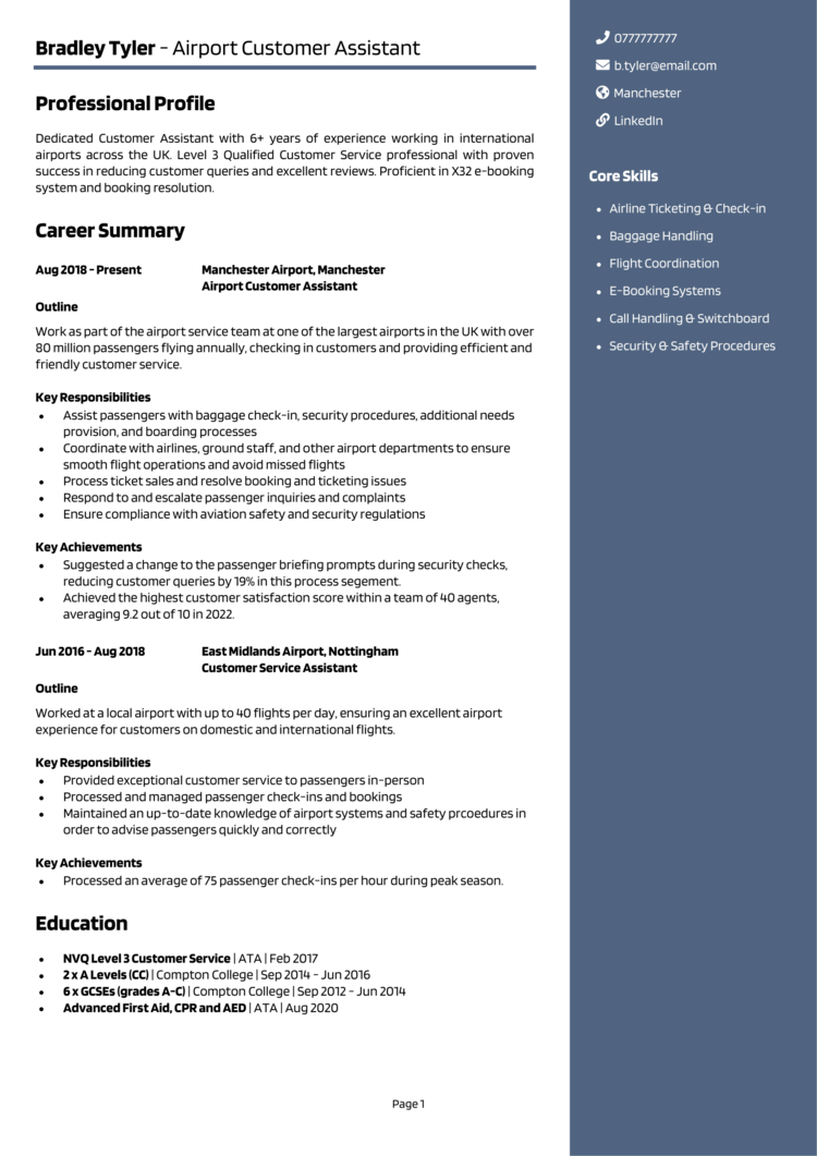 Customer service CV example