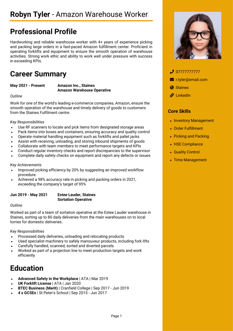 Amazon Warehouse Worker CV 1