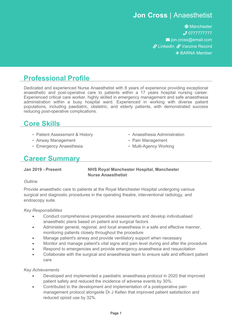 Anaesthetist CV 1