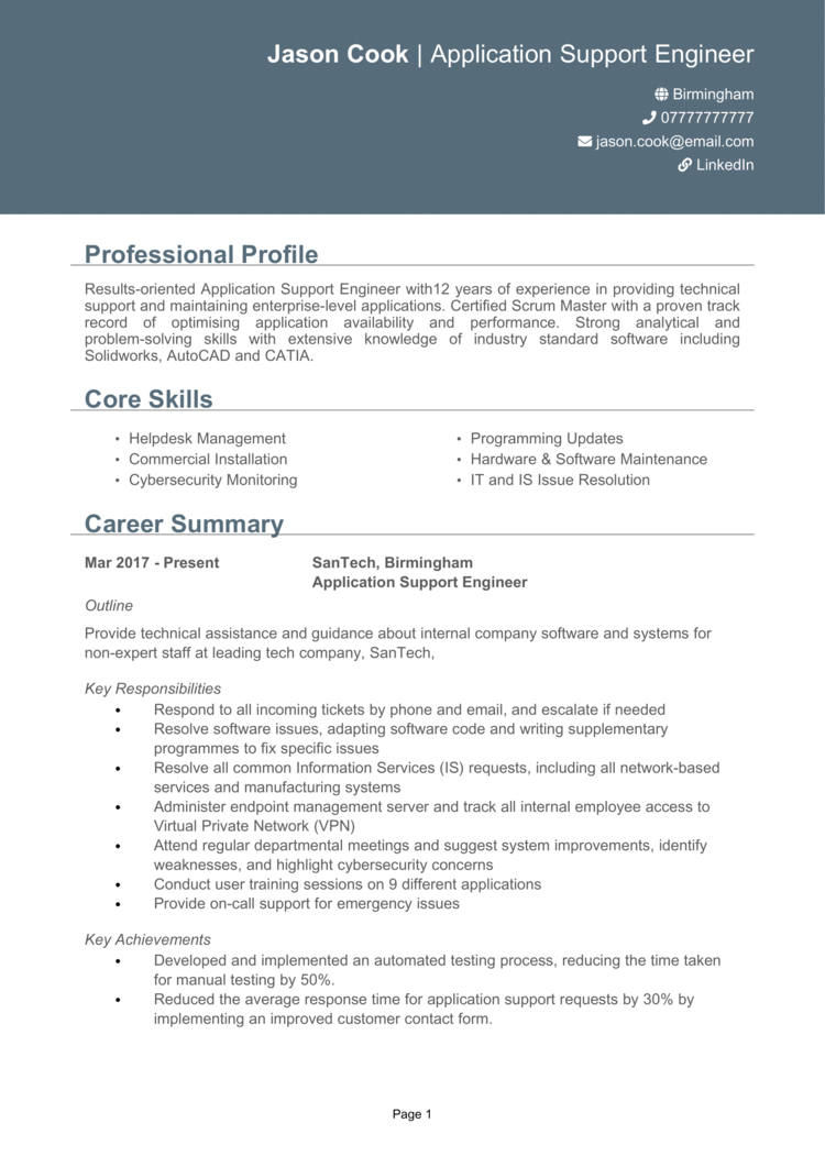 resume for application support engineer