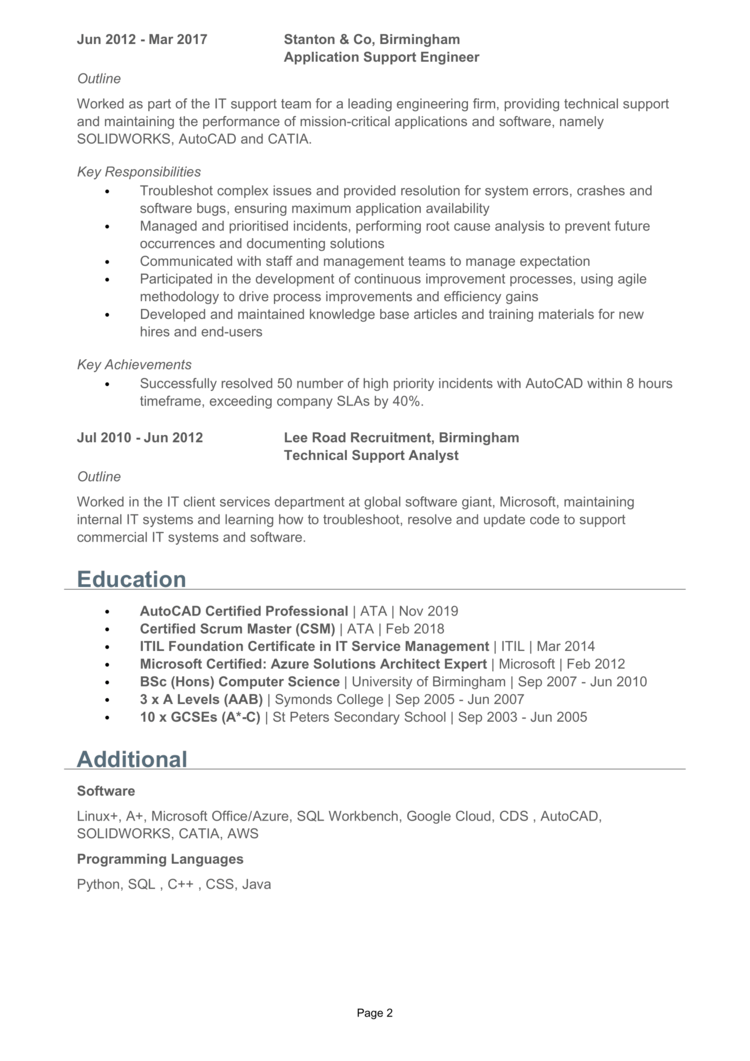 resume format for application support engineer