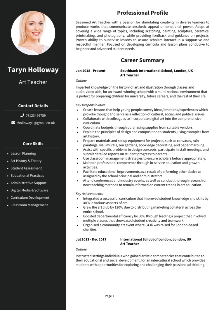 Art Teacher CV example + guide [Land top jobs]