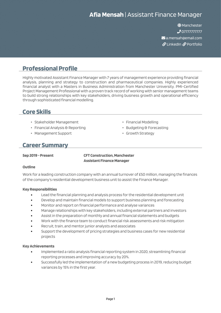 Assistant Finance Manager CV 1