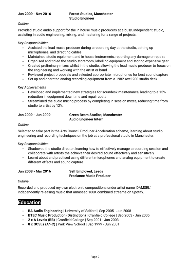 Audio Engineer CV 2