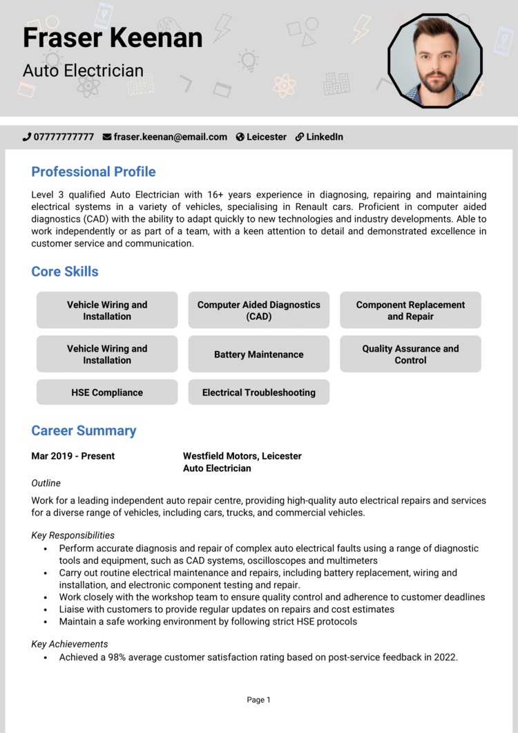 Auto Electrician CV Example Guide Get Hired Quick   Auto Electrician CV 1 