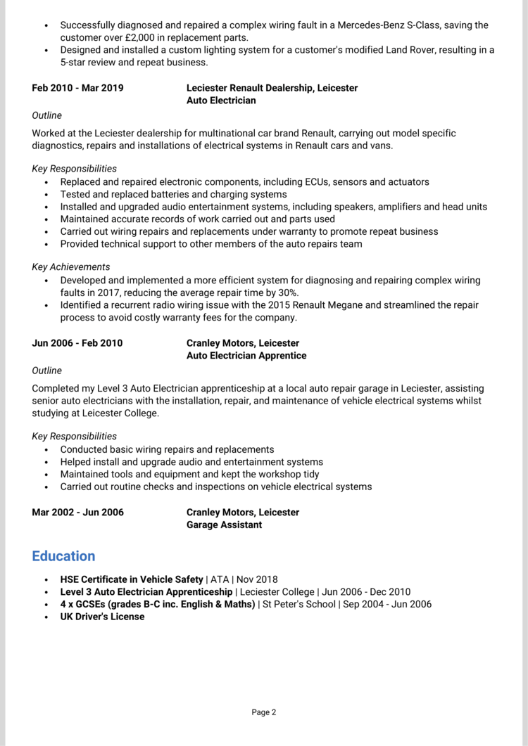 Auto Electrician CV 2