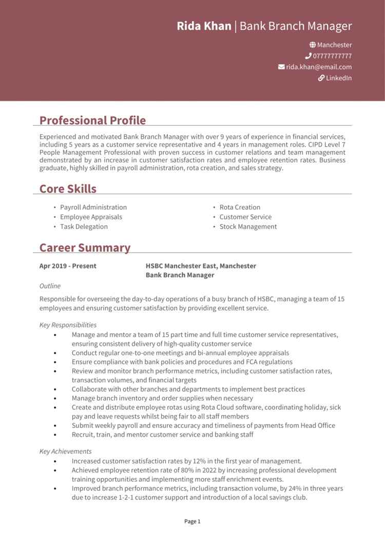 bank manager job description for resume