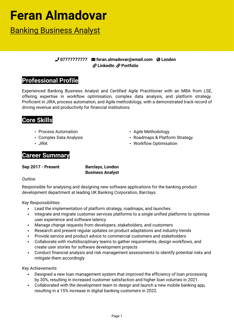 Banking Business Analyst CV 1