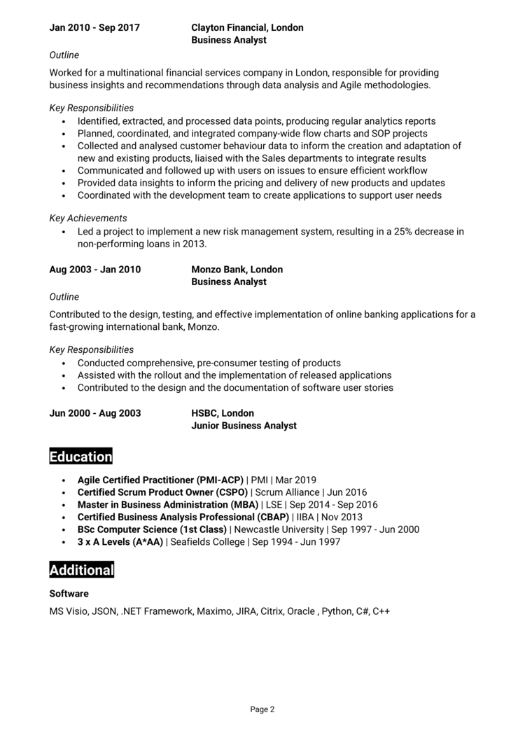 Banking Business Analyst CV 2