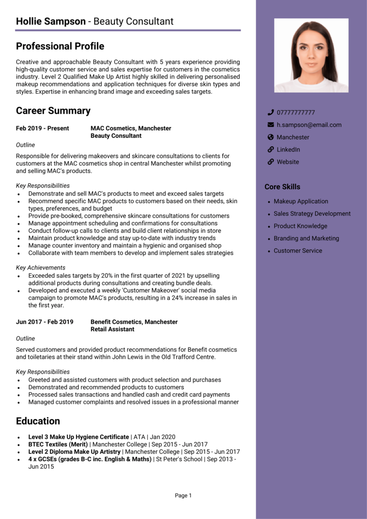 Beauty Consultant Cv Example Template