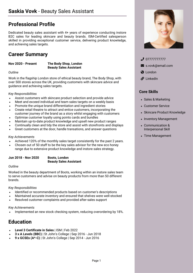 Beauty S Assistant Cv Example