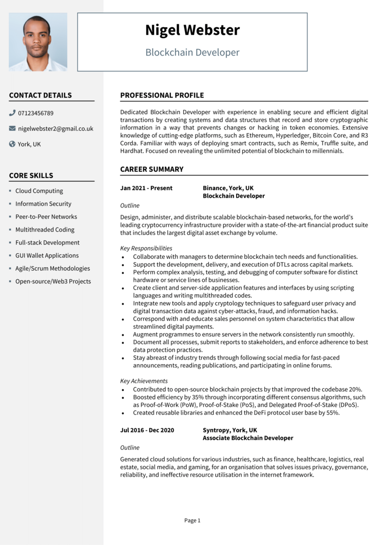 blockchain developer resume