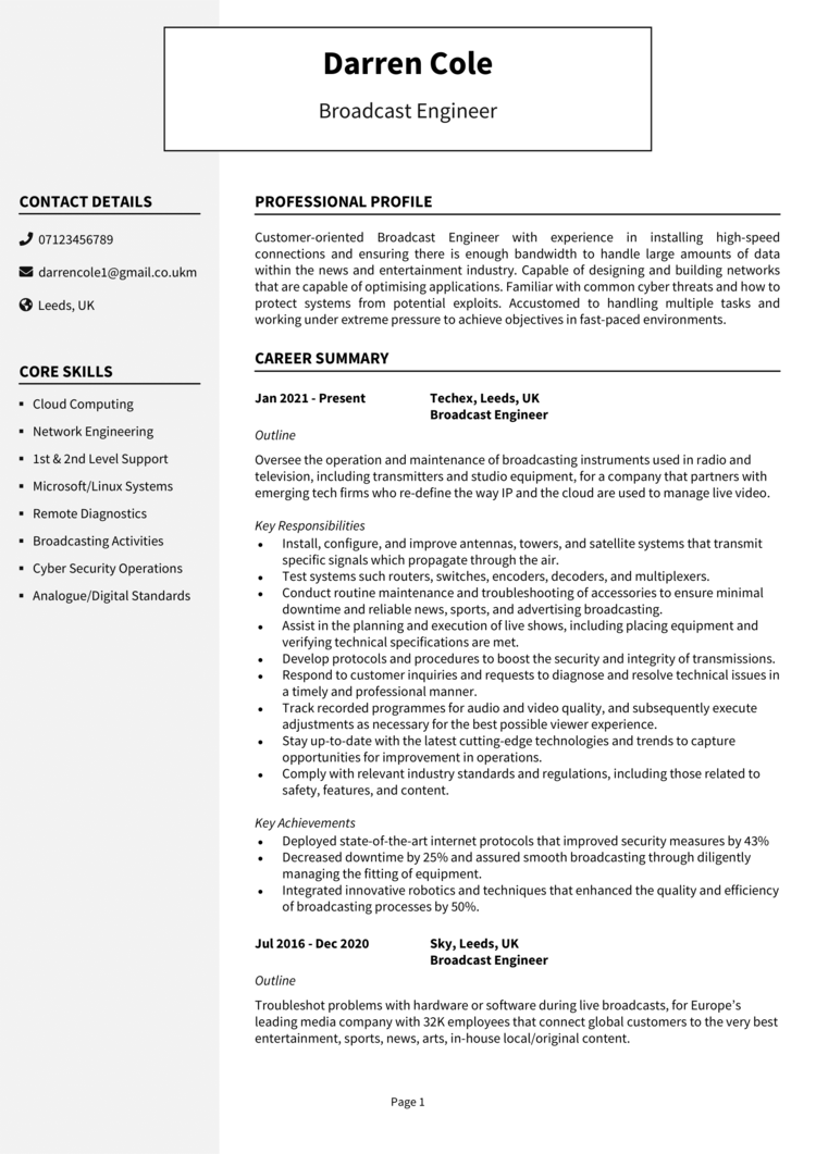 Broadcast Engineer CV example   guide Get hired fast