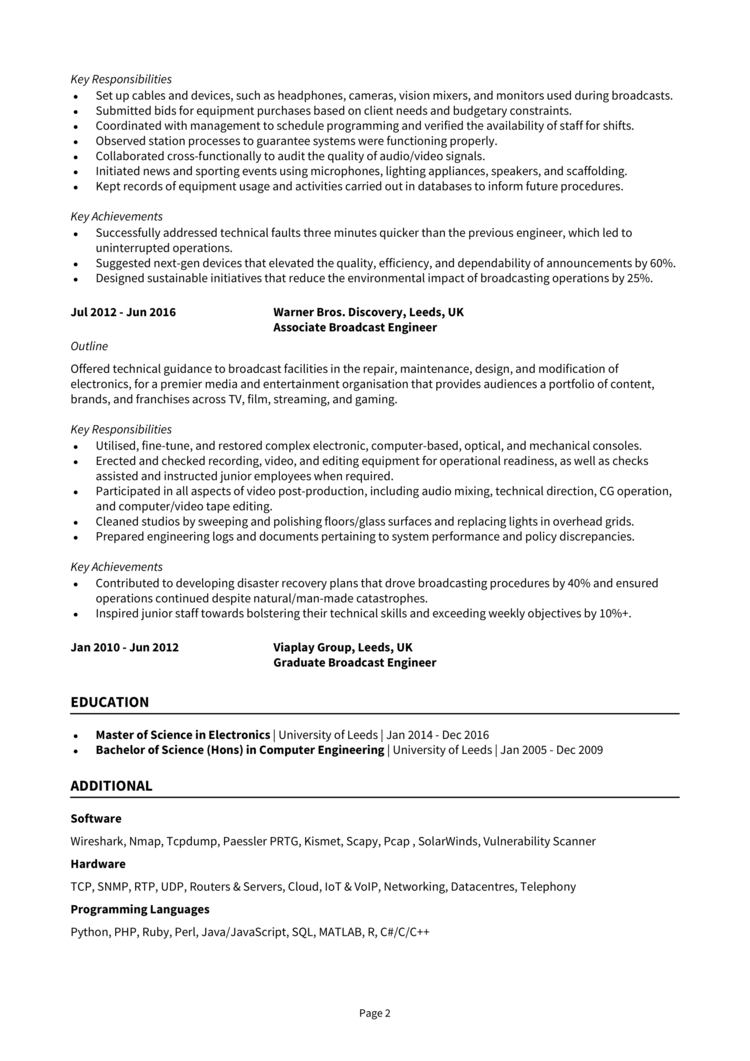 Broadcast Engineer CV 2