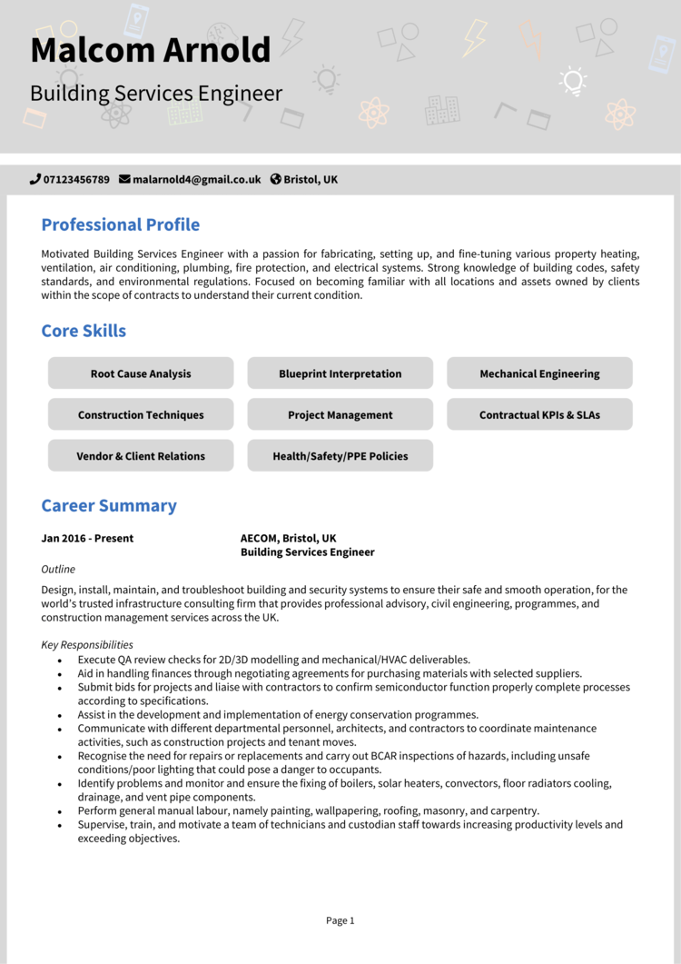 Building Services Engineer CV 1