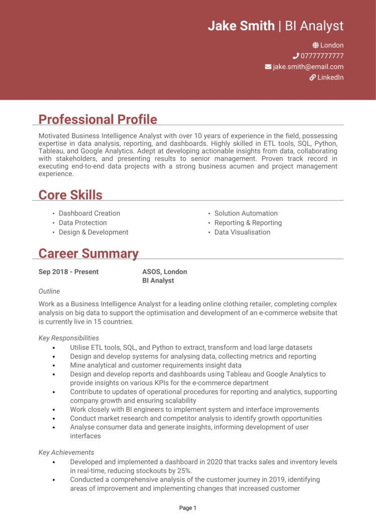 Business Intelligence Analyst CV 1