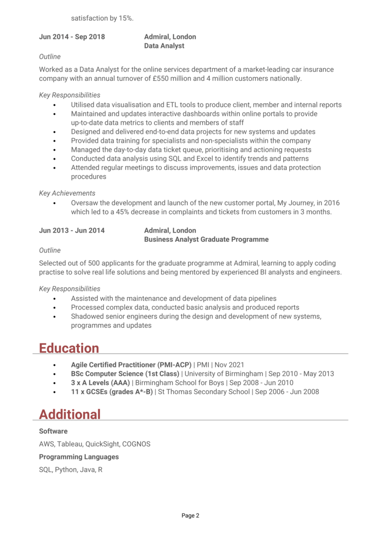 Business Intelligence Analyst CV 2