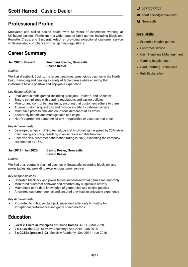 Casino Dealer CV example + guide [Land great jobs]