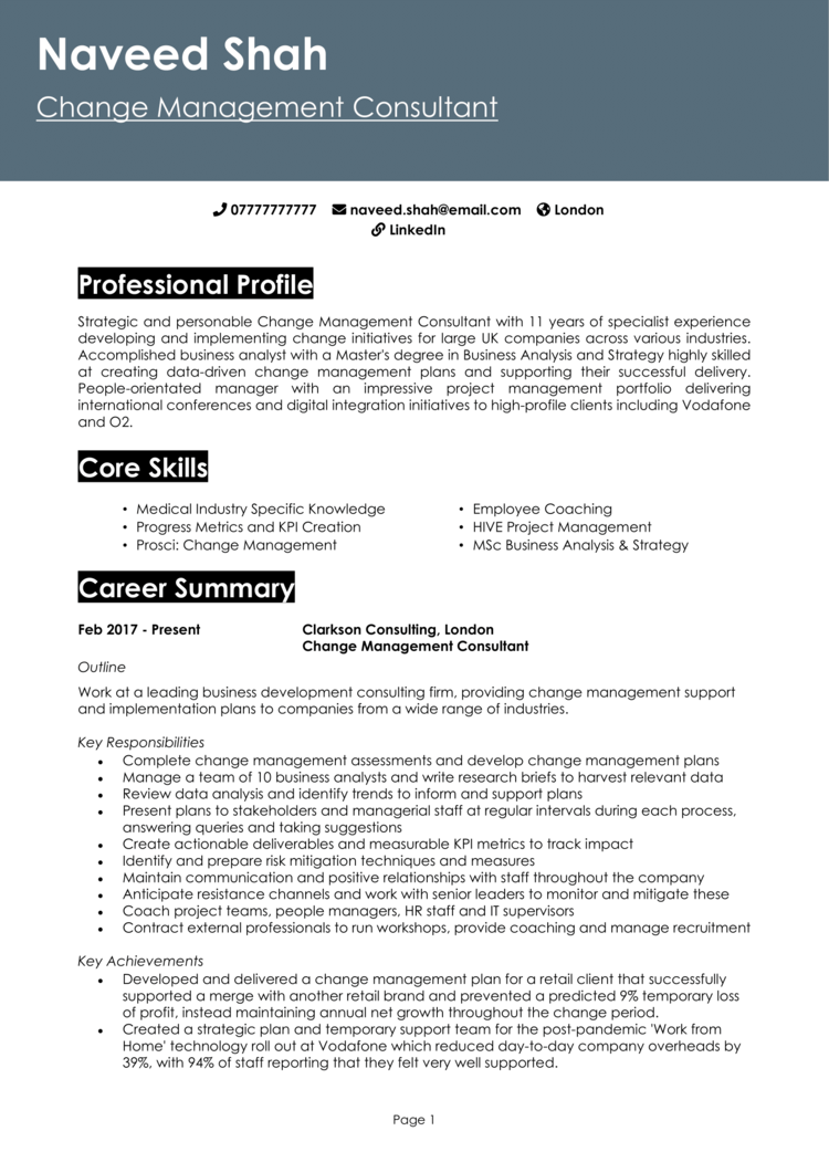 Change Management Consultant CV example + guide [Land jobs]