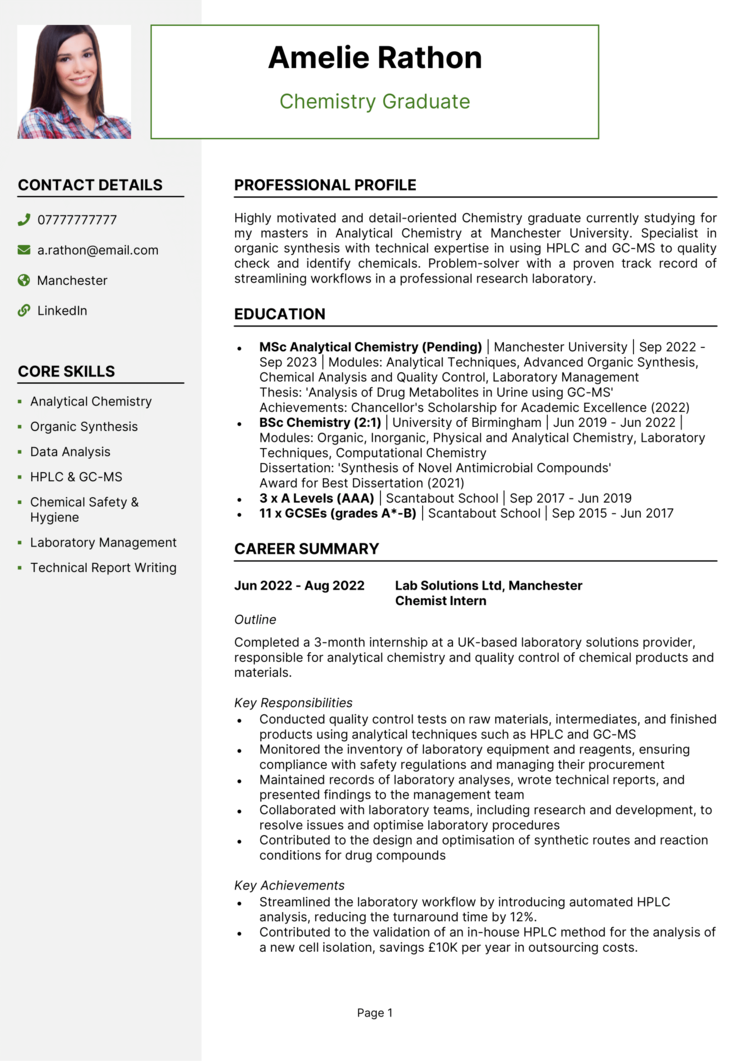 Chemistry Graduate CV example + guide [Get noticed]