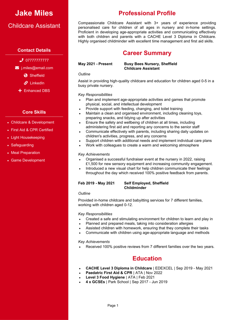 Childcare Assistant CV 1