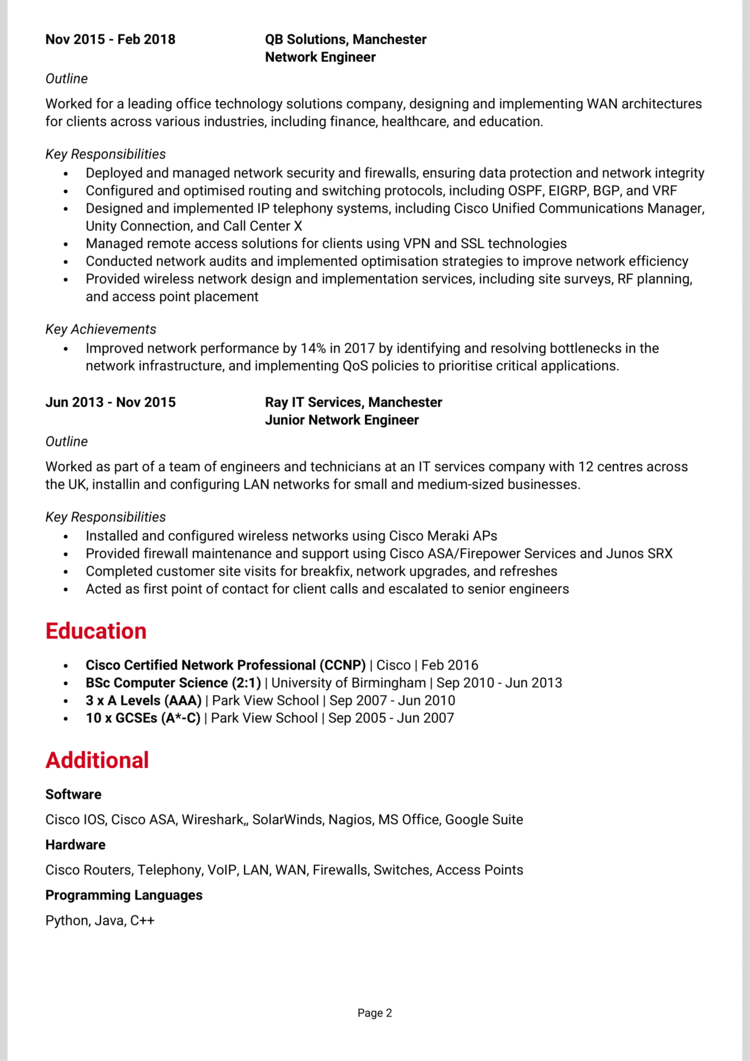 Cisco Network Engineer CV 2