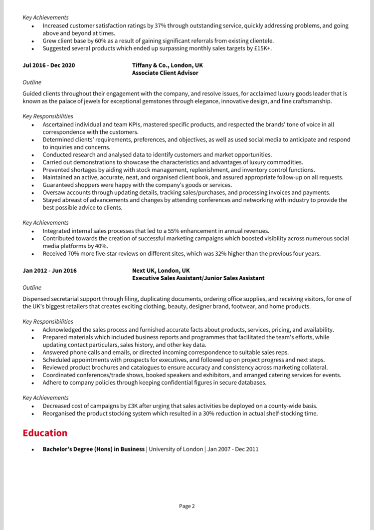 Client Advisor Resume Sample