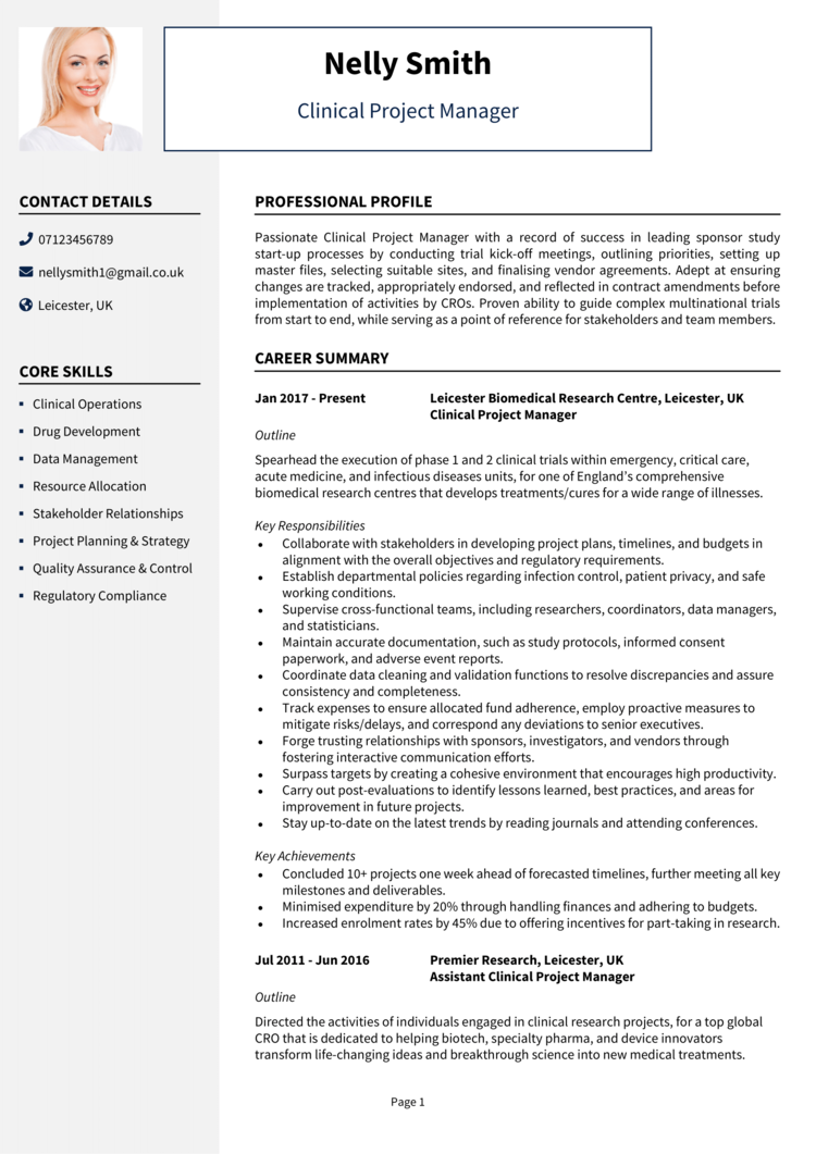 sample resume for clinical research project manager