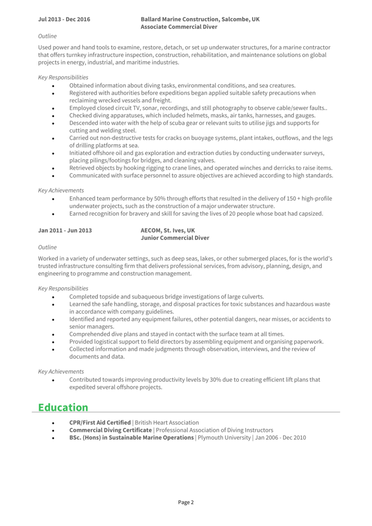 Commercial Diver CV 2