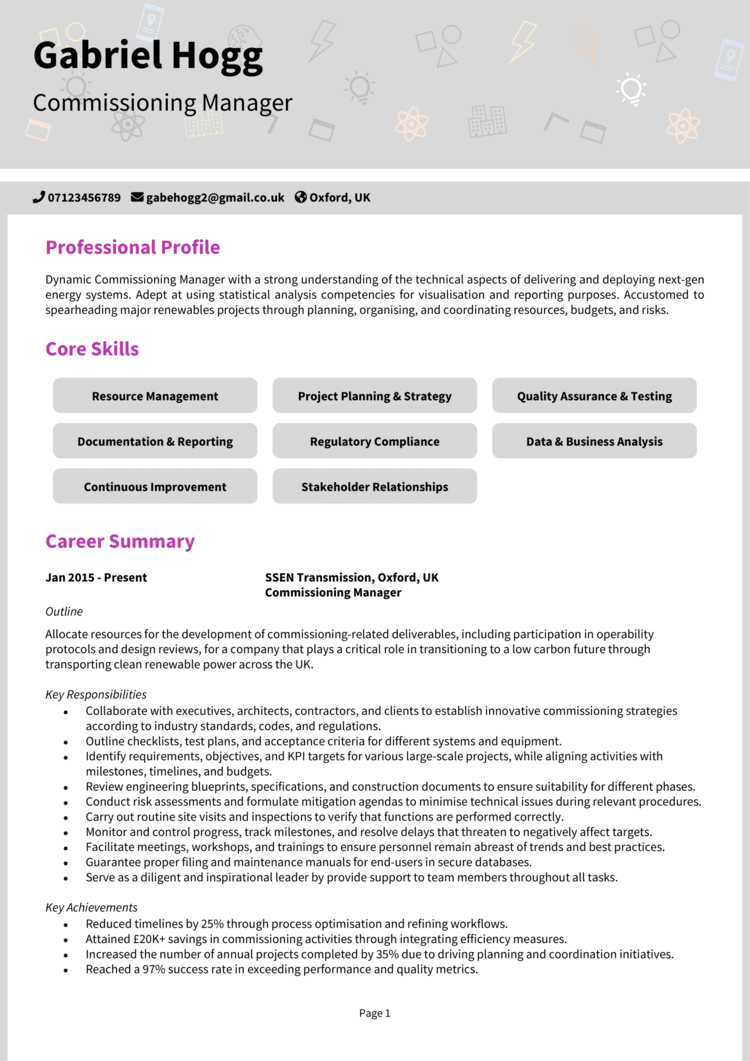 Commissioning Manager CV 1