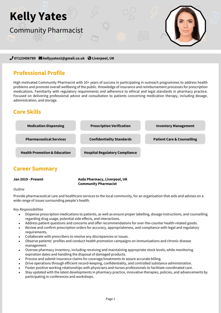 Community Pharmacist CV Example Guide Get Noticed   Community Pharmacist CV 1 