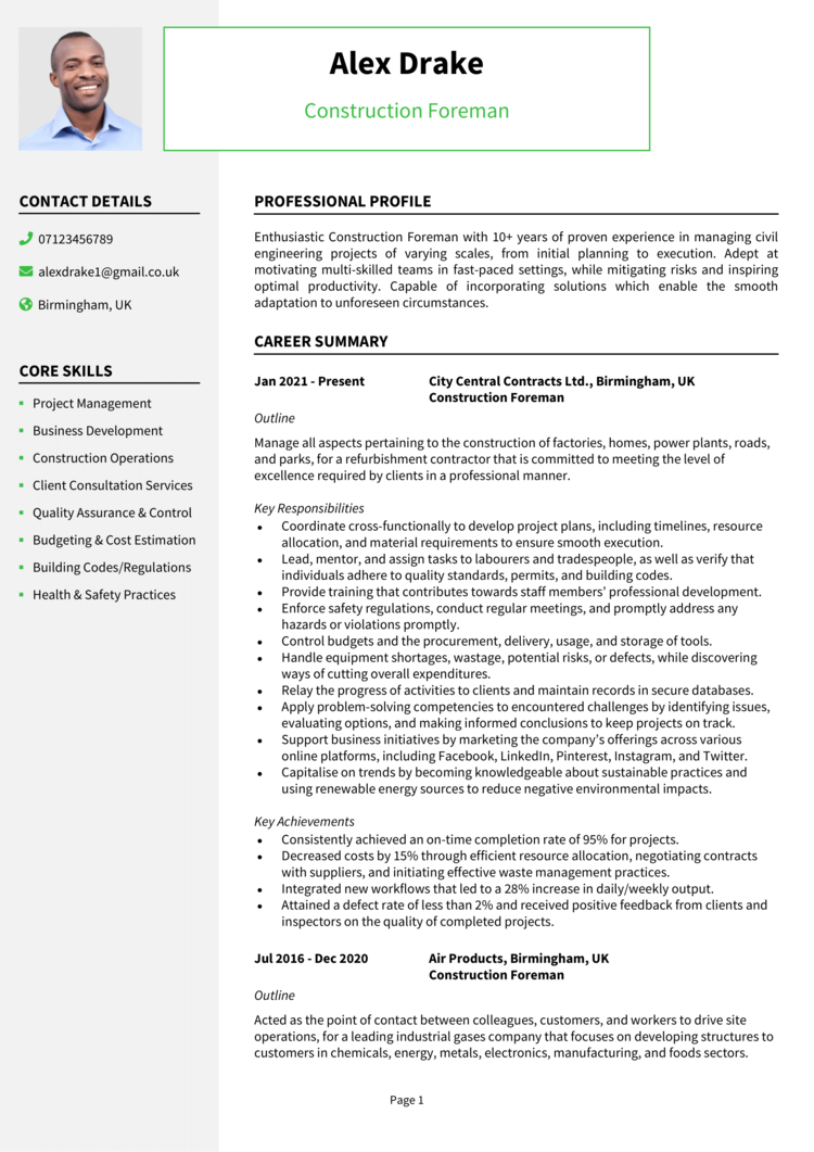 Construction Foreman CV 1