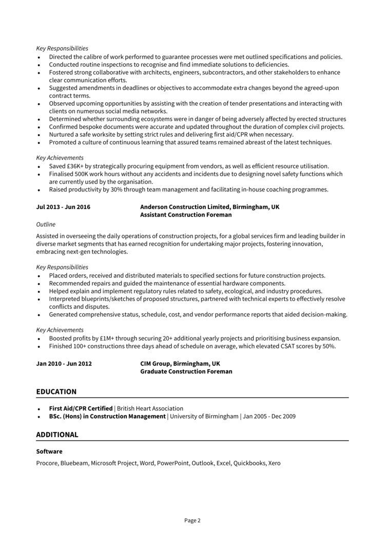 Construction Foreman CV 2