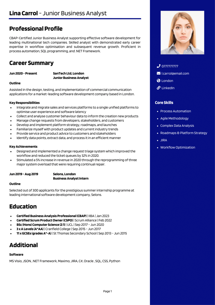 Junior Business Analyst CV example + guide [Win interviews]